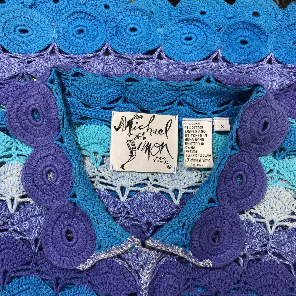 Vintage Michael Simon Blue Crochet Sweater Cardigan ~ Women’s Small LIKE NEW - Picture 6 of 7